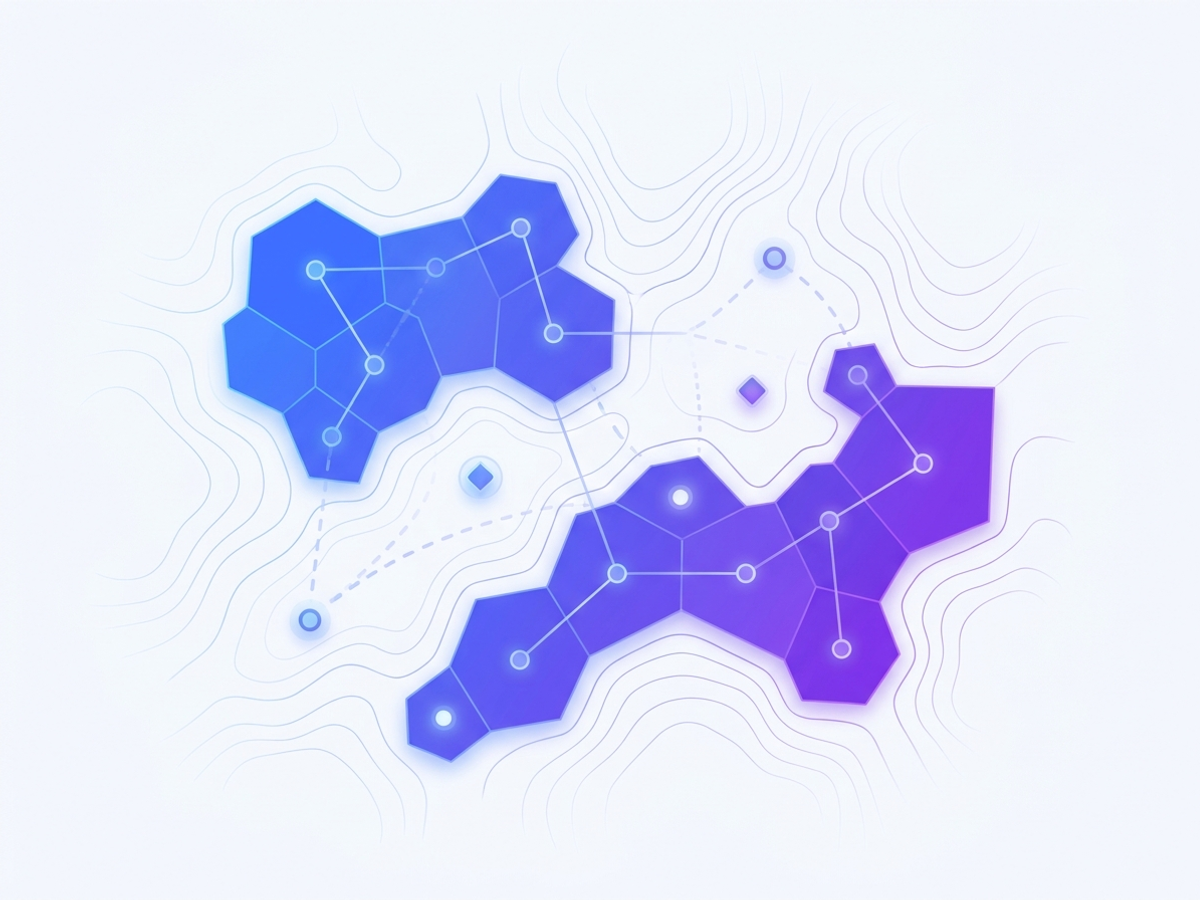 Mapa de estratégia estilizado com territórios e nós de conexão, na paleta violeta da Deriva Tecnologia.